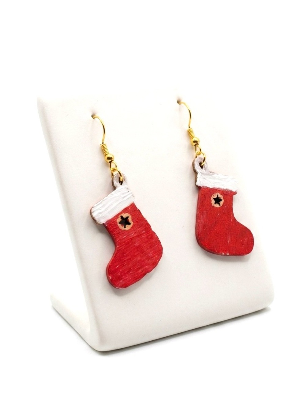 New Artisan Handmade Wooden Hand Painted 9k Gold Christmas Stocking Earrings